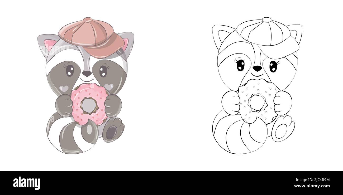 Raccoon Clipart for Coloring Page and Multicolored Illustration. Baby Clip Art Raccoon with a Donut in its Paws. Vector Illustration of an Animal for Stock Vector