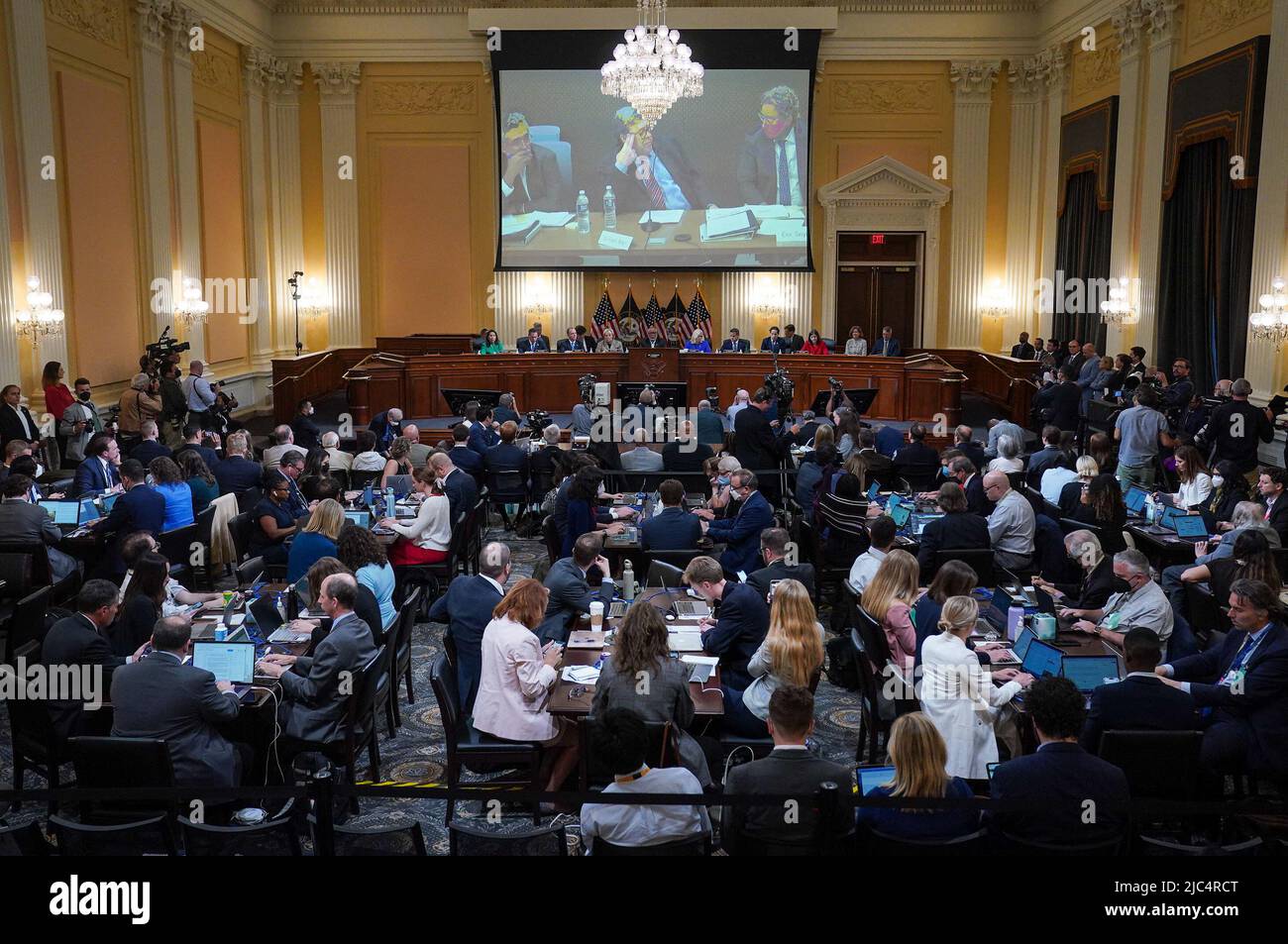 WASHINGTON, DC ‐ JUNE 9: Video of Former attorney general William P. Barr is shown as the House Jan. 6 select committee holds its first public hearing on Capitol Hill on Thursday, June 9, 2021. (Jabin Botsford/The Washington Post) Stock Photo