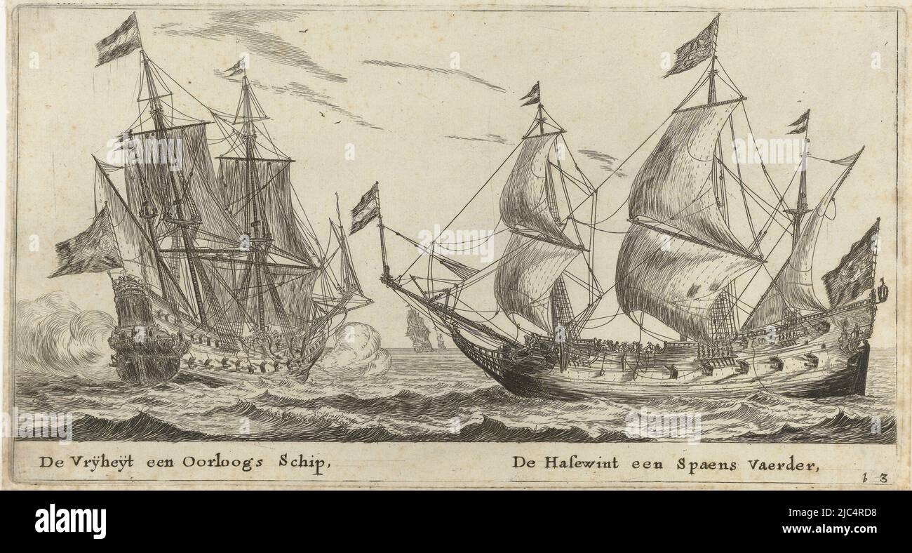 On the left the warship De Vrijheid, firing two guns, and on the right the merchant ship De Hazewind. On the horizon two more ships, the ships De Vrijheid and De Hazewind De Vrÿheÿt a warship, De Hasewint a Spanish sailor  Verscheyde Schepen en Gesichten van Amstelredam (series title) Various ships and city views of Amsterdam, second part, print maker: Reinier Nooms, Reinier Nooms, publisher: Cornelis Danckerts (I), (possibly), Netherlands, 1652 - 1654, paper, etching, drypoint, h 135 mm × w 250 mm Stock Photo