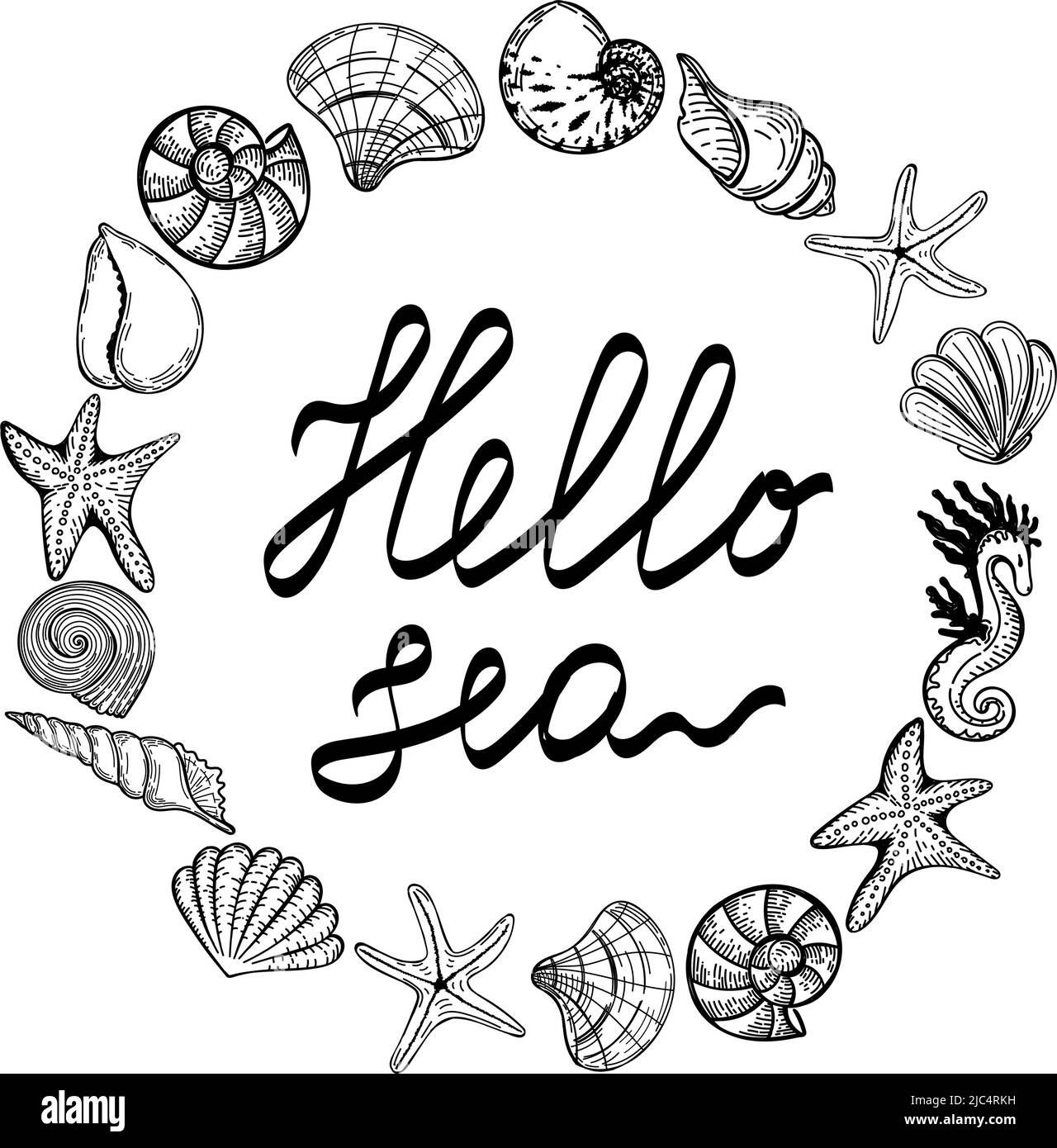 Frame with sea creatures in a circle, hand-drawn doodle in sketch style ...