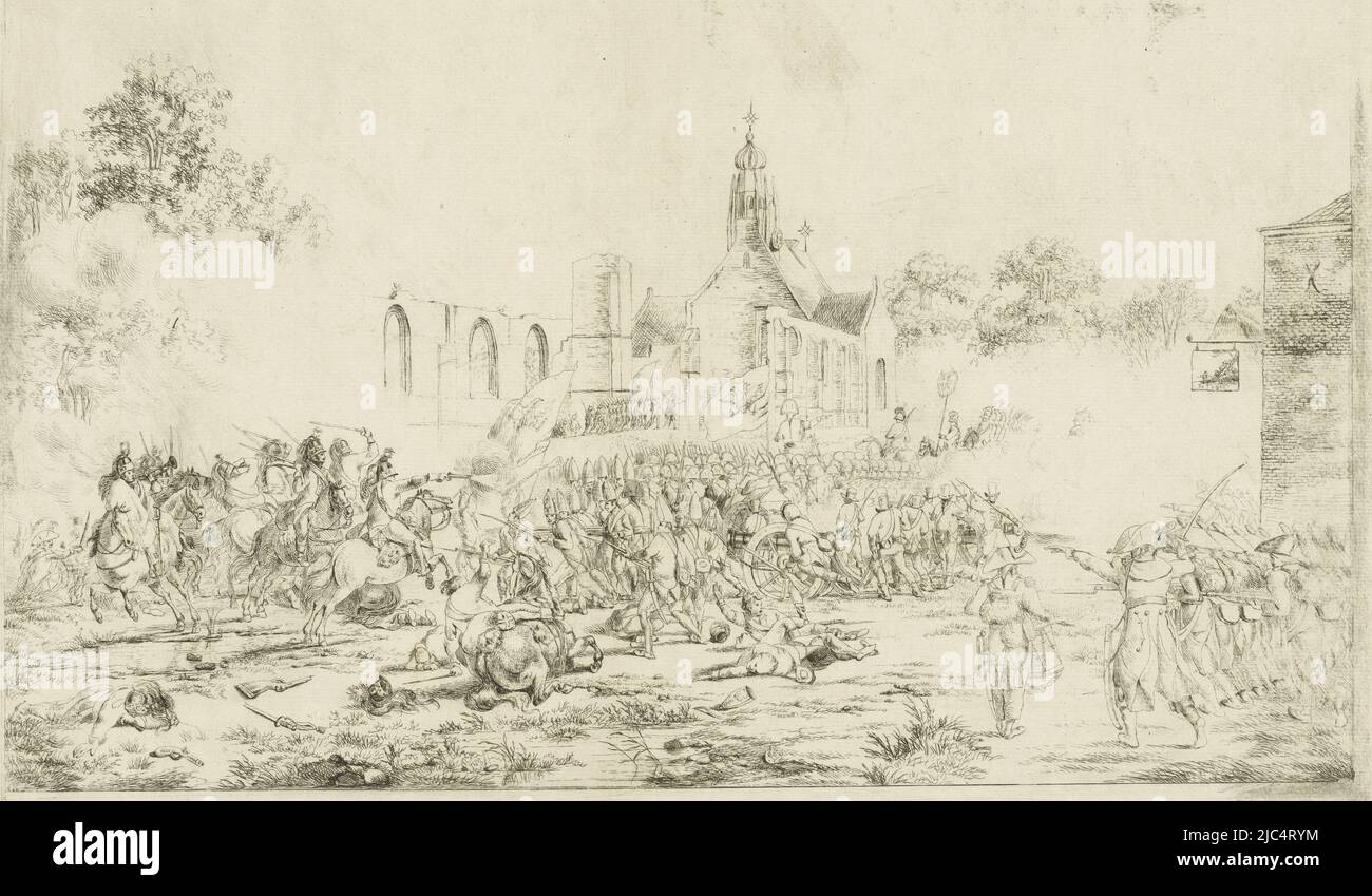 View of the battlefield in the center of Bergen. The French Batavian army is fighting the English and Russians. Front right infantry, front left cavalry. In the background the ruined church of Bergen, Battle of Bergen, 19 September 1799 Bataille bij Bergen den 19 September 1799, print maker: Pieter Gerardus van Os, Pieter Gerardus van Os, Netherlands, 1799 - 1801, paper, etching, h 370 mm × w 472 mm Stock Photo