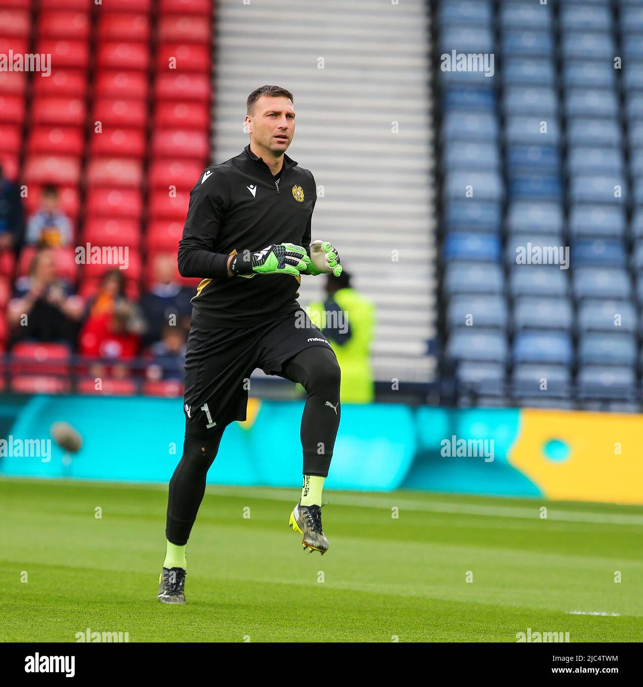 David Yurchenko, the goalkeeper for the official Armenian football team, training and warning up at Hampden Park, Glasgow, Scotland, UK Stock Photo