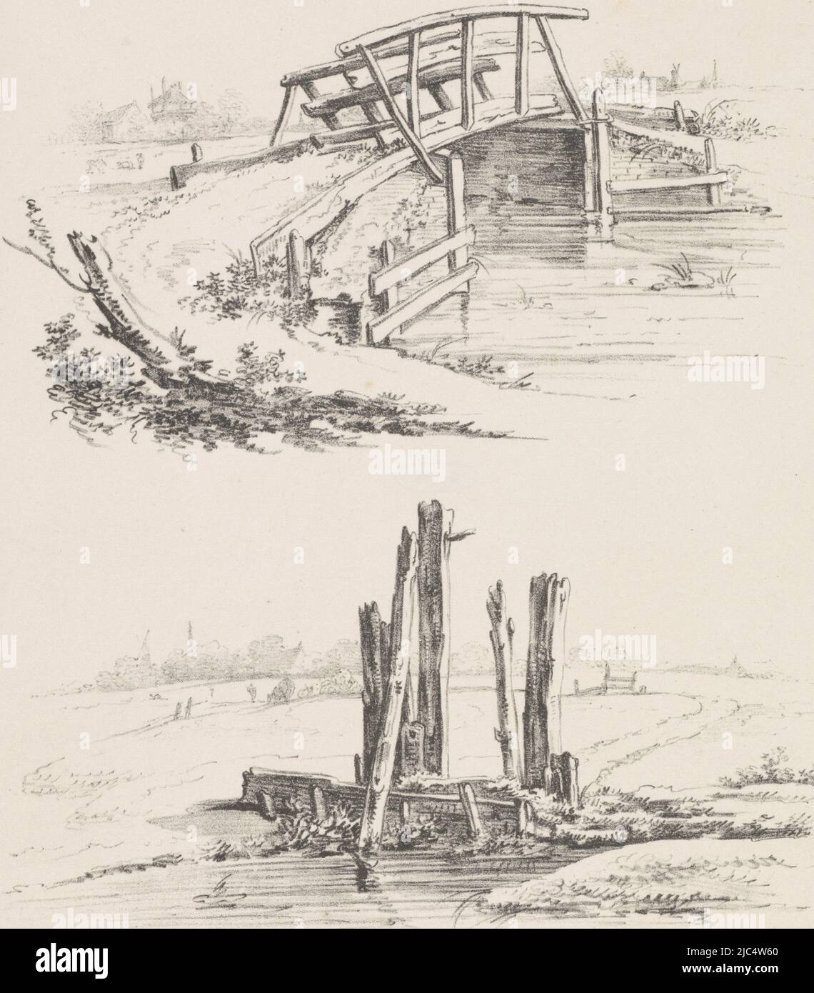 In the top image, a hay barn, houses and a mill can be seen in the background. The lock is dilapidated., Two representations of a decking and a lock, print maker: Joannes Bemme, Netherlands, 1809 - 1841, paper, h 342 mm × w 245 mm Stock Photo