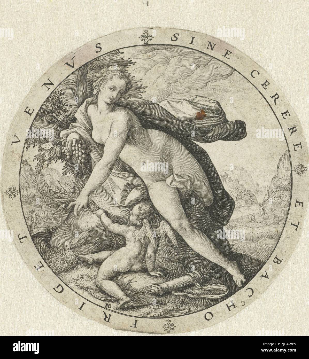 Round depiction of Venus and Cupid near a tree. Venus holds a bunch of grapes, Cupid hands her a bundle of grain. In the background Ceres amidst grain harvesters and Bacchus amidst grape pickers. Around the scene an empty margin, intended for an edge inscription., Venus and Cupid Sine Cerere et Baccho friget Venus , print maker: Hendrick Goltzius, (mentioned on object), Agostino Carracci, publisher: Hendrick Goltzius, Haarlem, 1588 - 1592, paper, engraving, d 95 mm Stock Photo