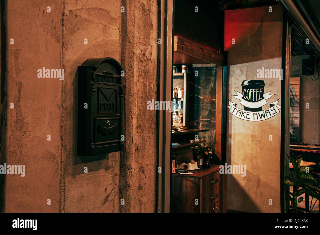 Coffee shop cafe background with dark tone. Cosy cafe, coffee shop or