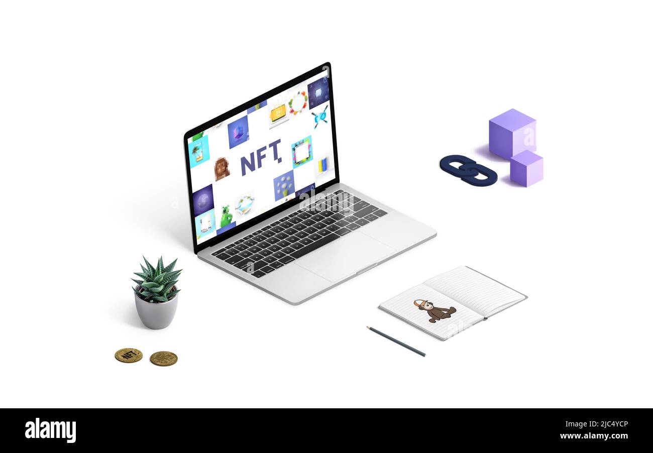 Isometric NFT Non-fungible token composition concept. Laptop with NFT art, pad with drawing, NFT crypto coins, blocks and chain. Artist work desk conc Stock Photo