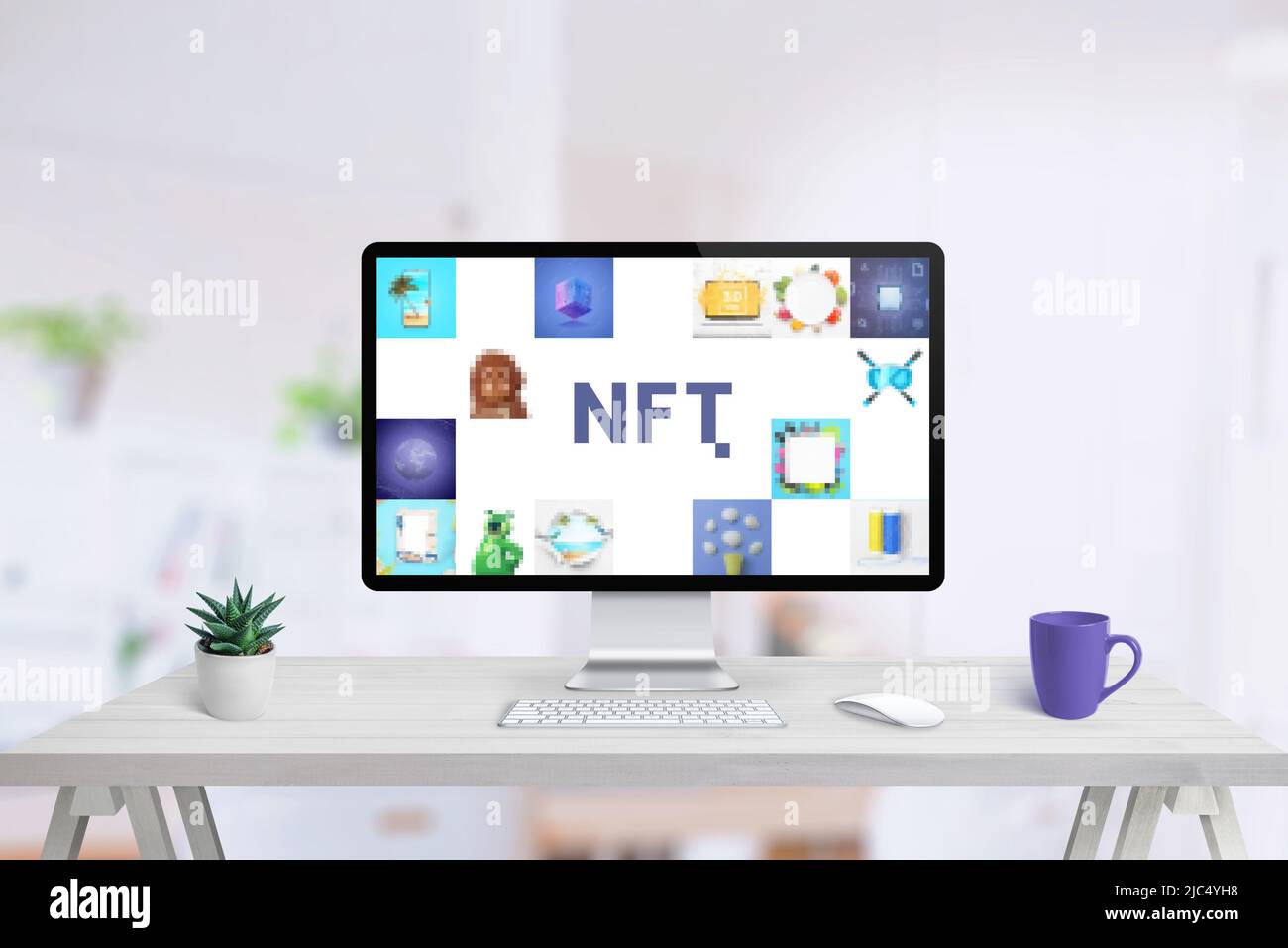 Computer display on work desk with NFT art concept. Non-fungible token composition concept Stock Photo