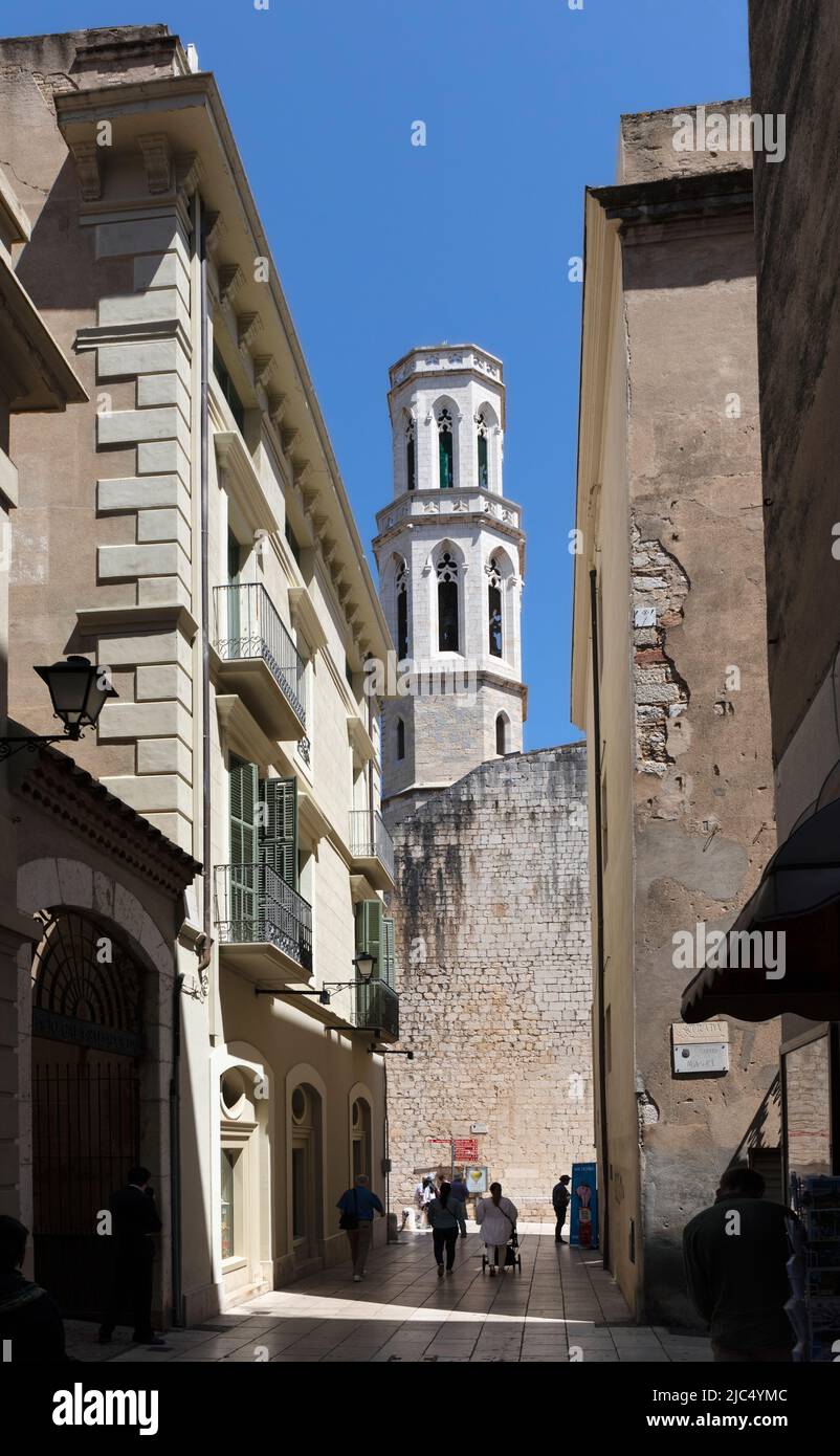 Bell tower of Esglesia de Sant Pere (Catalan), Iglesia de San Pedro (Spanish) or St. Peter's Church, Figueras, Gerona Province, Catalonia, Spain. The Stock Photo