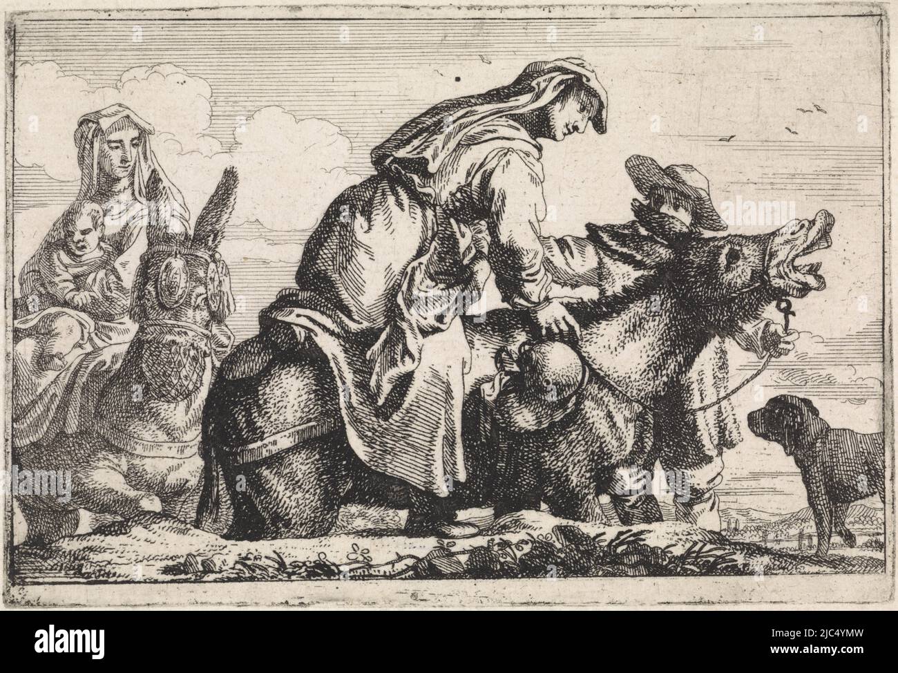 A man helps a woman mounting a braying donkey. Back left a woman sitting with her child on a donkey, Woman mounts donkey Various genre scenes (series title), print maker: Jan Baptist de Wael, 1642 - 1669, paper, etching, h 88 mm × w 130 mm Stock Photo