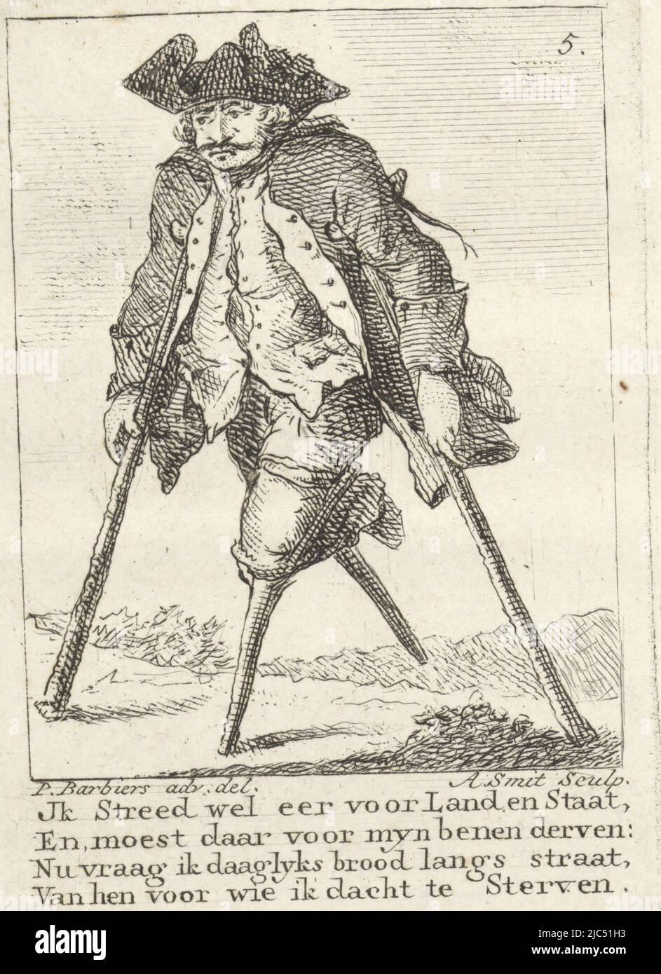 A beggar on crutches with two wooden legs. According to the verse below the print, he lost his legs during the war, fighting for the fatherland., print maker: A. Smit, (mentioned on object), intermediary draughtsman: Pieter Barbiers (I), (mentioned on object), Amsterdam, 1764 - 1792, paper, etching, engraving, h 109 mm - w 77 mm Stock Photo