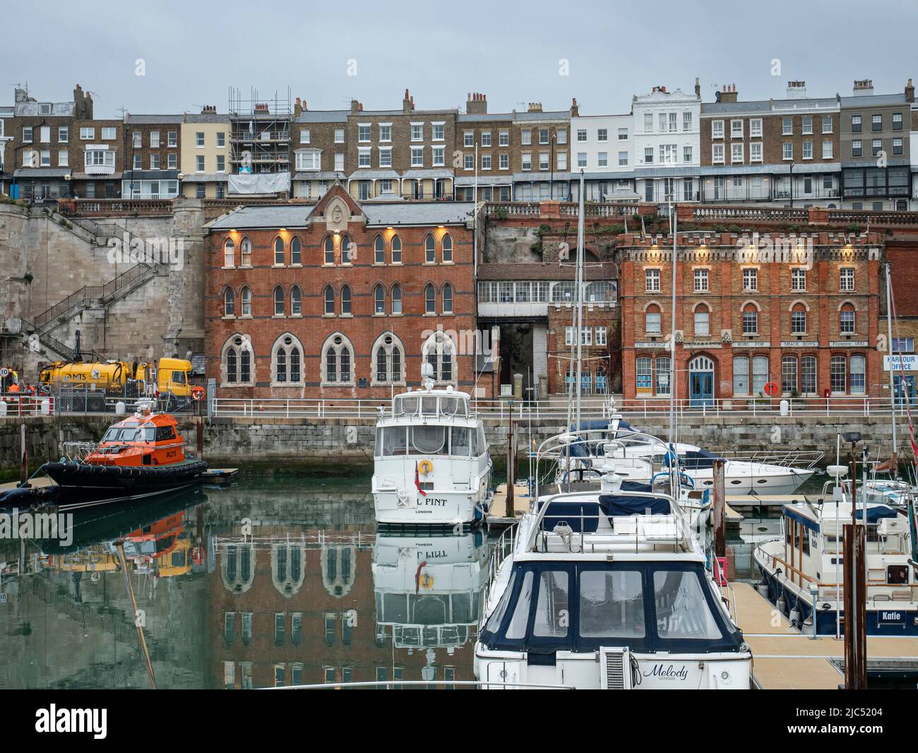 Sailors home and church (left) and home for smack boys biult in 1881 Ramsgate harbour Stock Photo