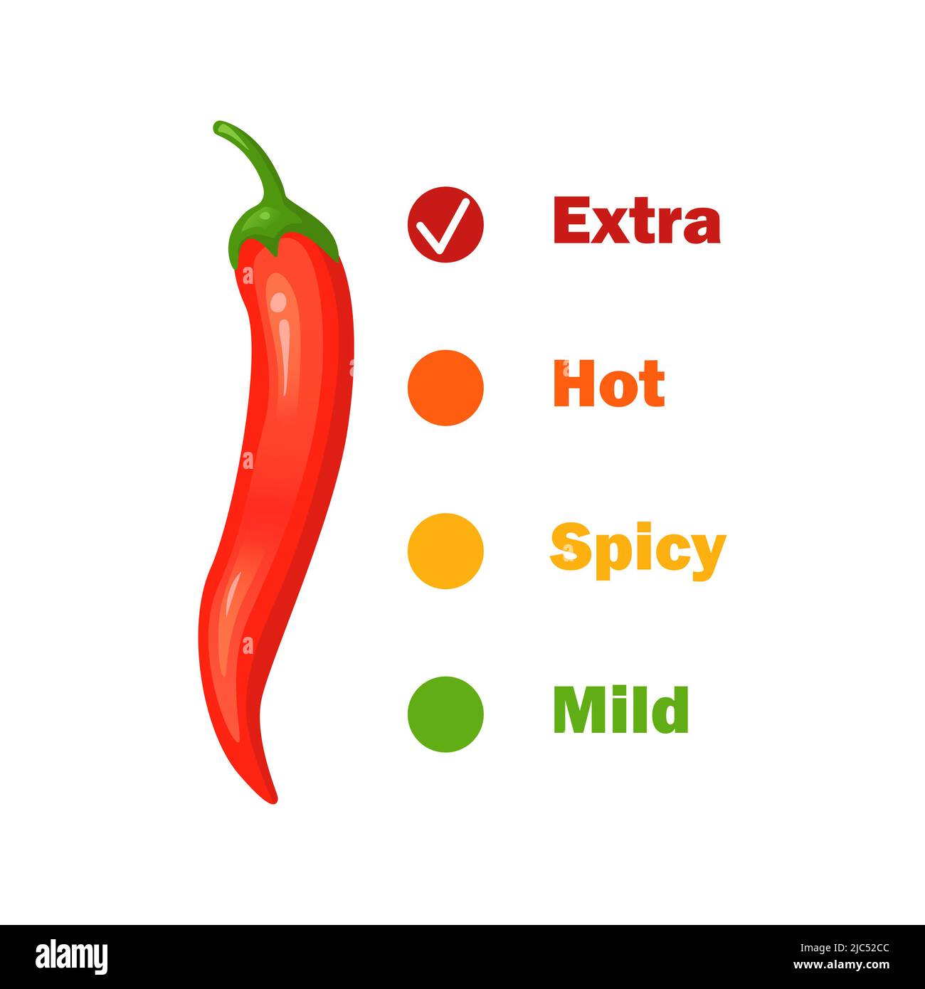 Chilli pepper spicy food level. Hot scale indicator with mild, medium, hot,  extra positions. Icons with fire flames. Vector illustration Stock Vector  Image & Art - Alamy