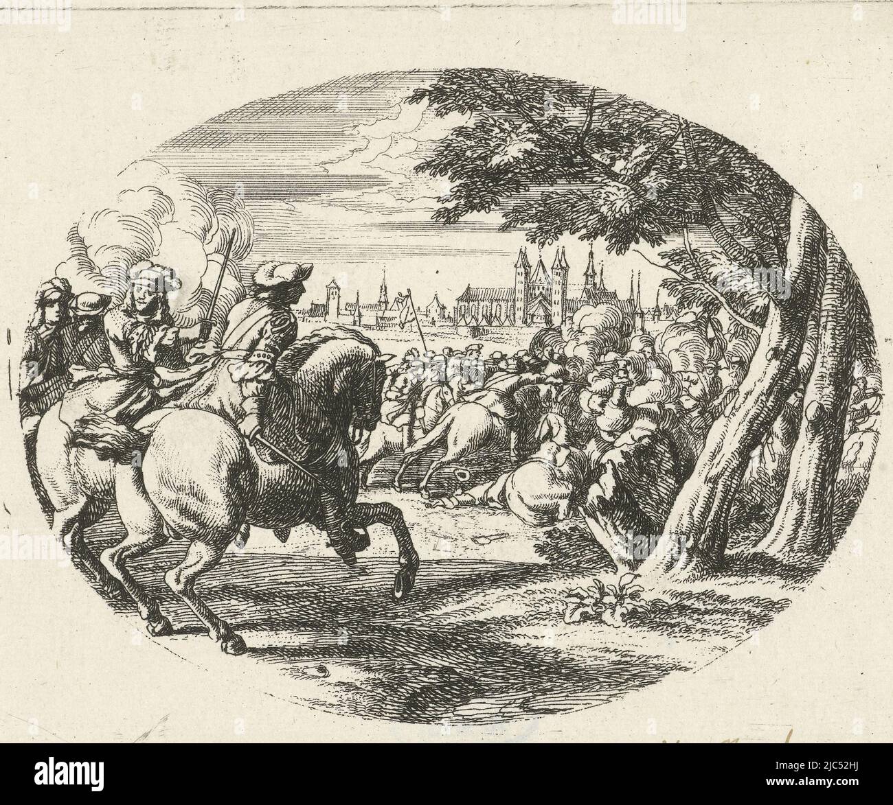 On the left two horsemen on horseback with swords drawn. Right an equestrian fight and on the horizon a city, Siege of a city Military representations from the life of Louis XIV, King of France (series title), print maker: Jan van Huchtenburg, (mentioned on object), Adam Frans van der Meulen, unknown, 1674 - 1733, paper, etching, h 100 mm × w 138 mm Stock Photo