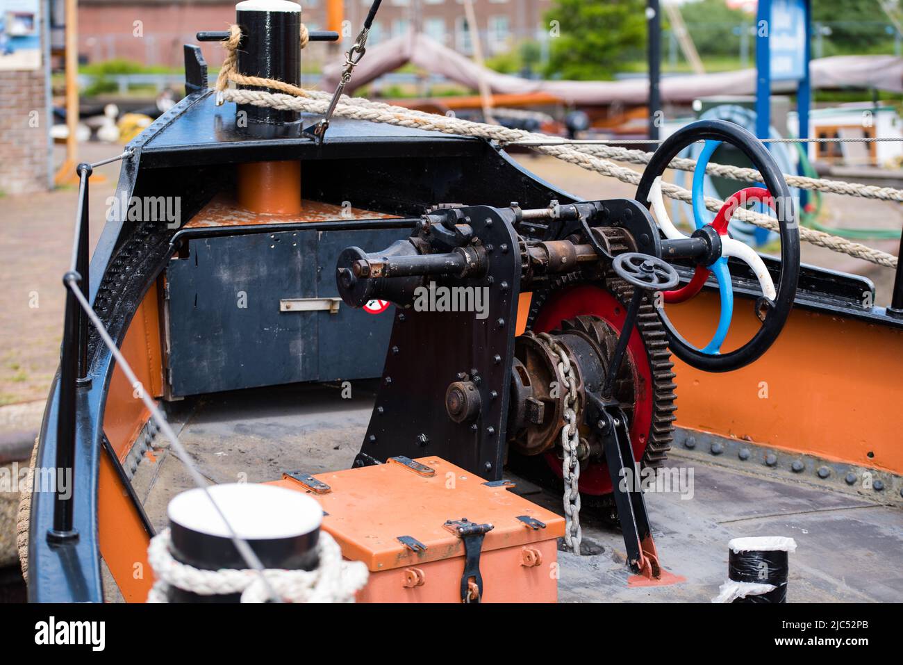 Den Helder, the Netherlands, May 2022. The bow of an old tugboat at Willemsoord shipyard in Den Helder. High quality photo Stock Photo