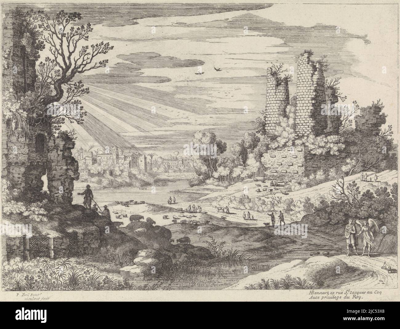 In an Italian landscape with overgrown ruins, Tobias and the angel are on their way. Walking ahead of them is Tobias' dog. Several figures and shepherds with their sheep walk in the landscape. Across a river lies a town, Italian landscape with Tobias and the angel, print maker: Willem van Nieulandt (II), (mentioned on object), Paul Bril, (mentioned on object), publisher: H. Bonnart, (mentioned on object), Paris, 1594 - 1635, paper, etching, engraving, h 238 mm × w 315 mm Stock Photo