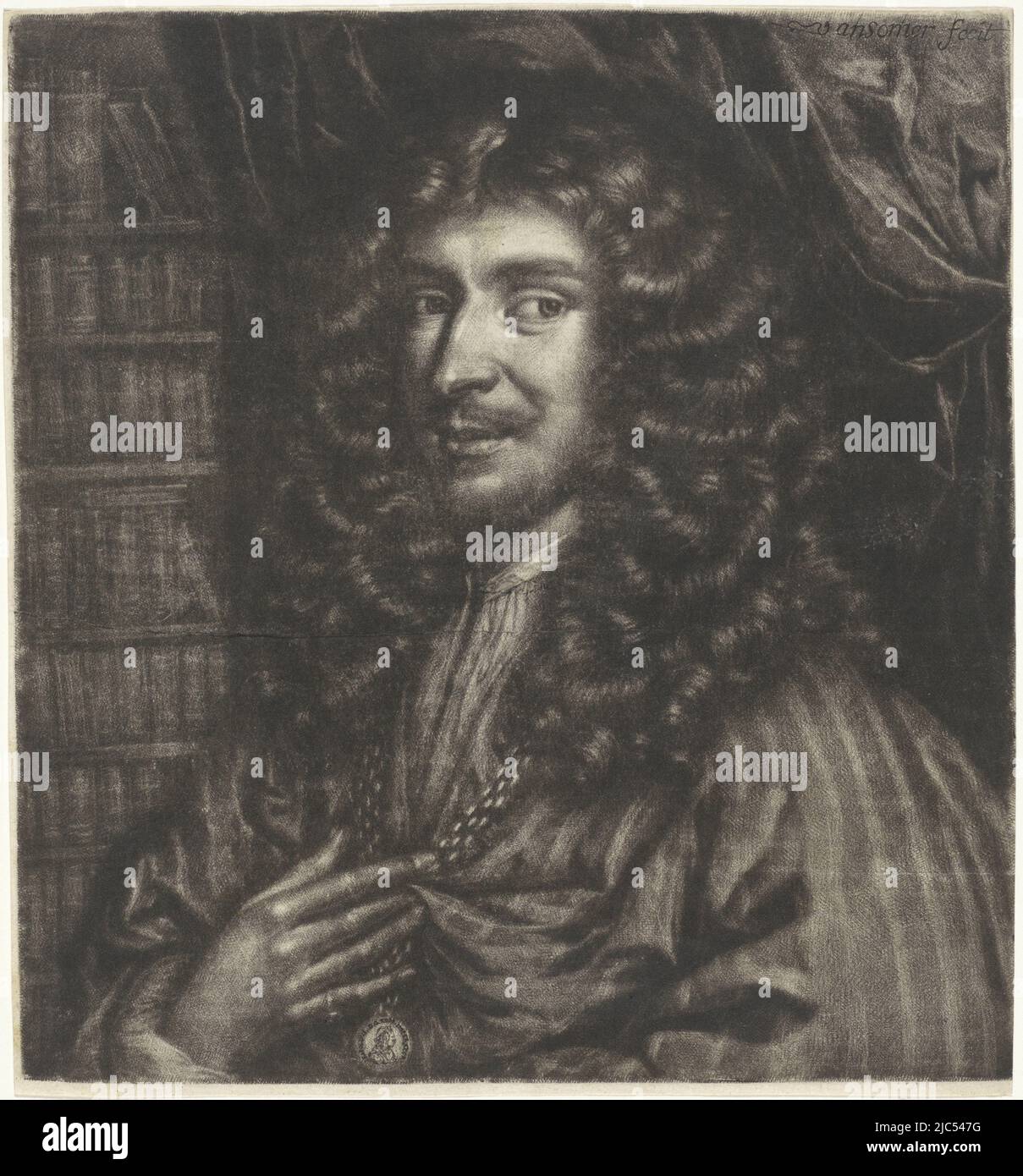 The French physician Charles Patin in front of a bookcase. Around his neck a chain from which a medallion with a portrait in profile., Portrait of Charles Patin, print maker: Jan van Somer, 1655 - 1700, paper, h 261 mm × w 243 mm Stock Photo