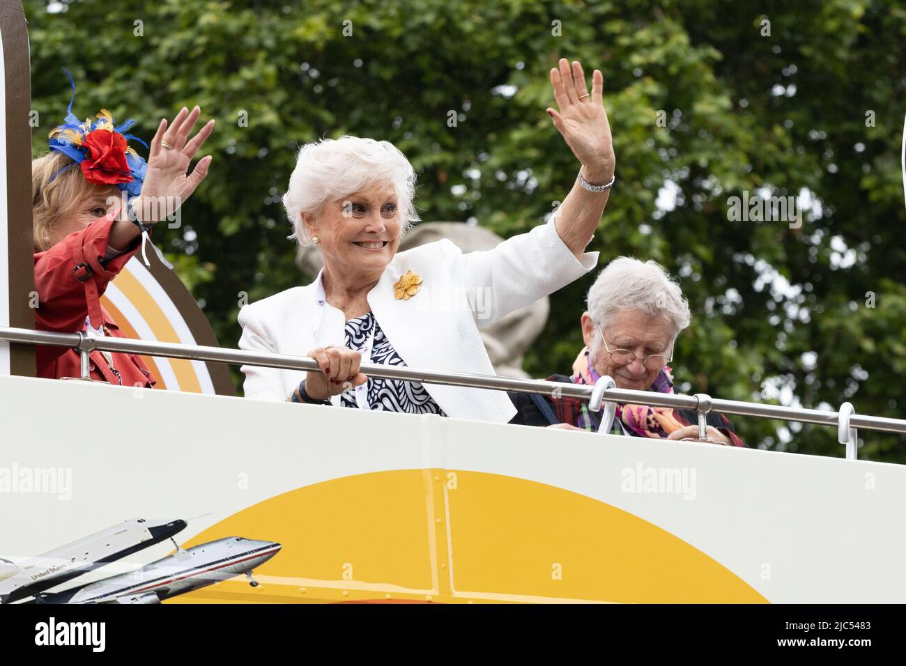 5th June 2022 - Angela Rippon on open top bus at Queen Elizabeth's Platinum Jubilee Pageant on the Mall in London, UK Stock Photo