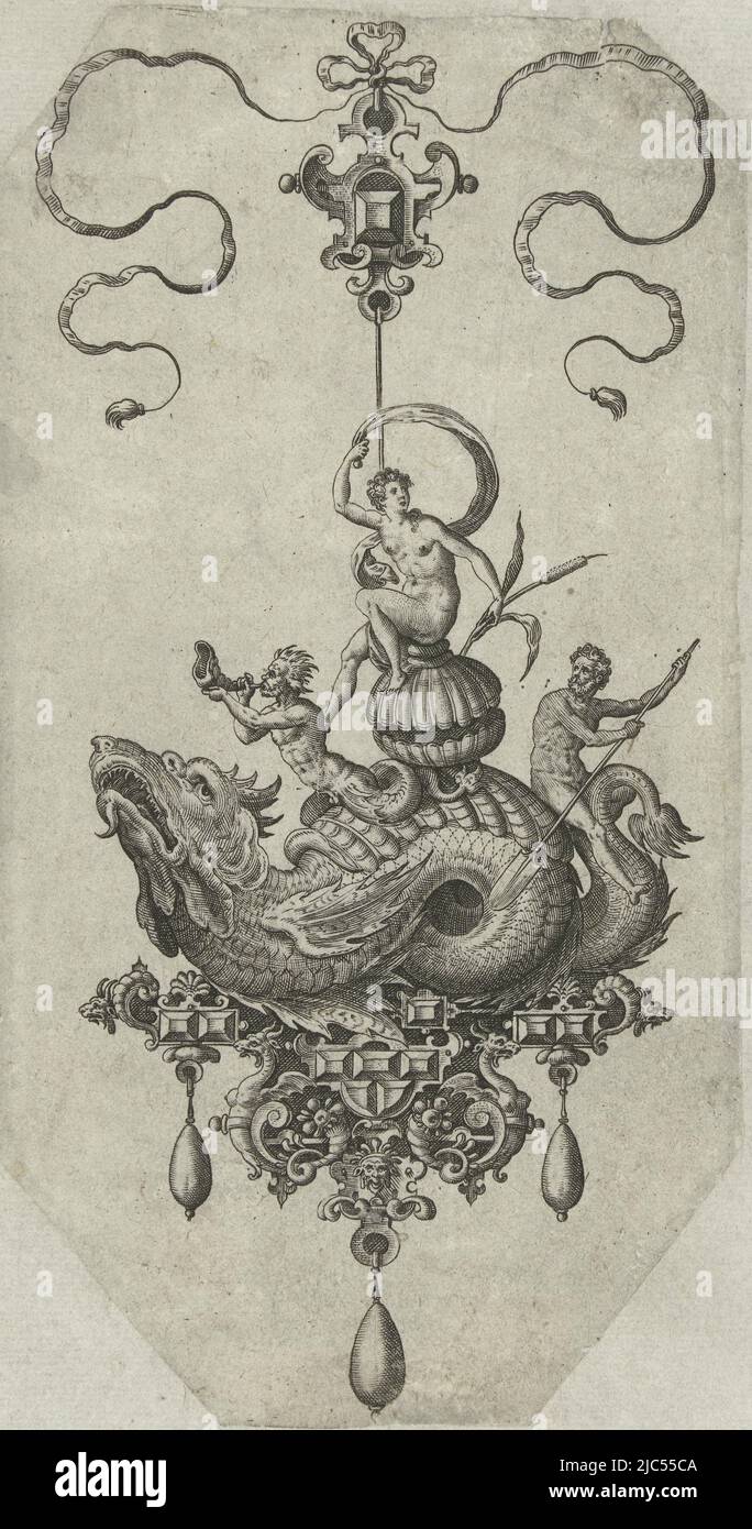 On the shell is a woman holding a water lily. Also seated on the dragon's back are a man with a fish tail blowing on a shell and a man with an oar. One of 7 partially numbered sheets taken from a series of 10 sheets of pendants. Three pearls hang from each pendant., Pendant with sea dragon with a double shell on its back Bullarum inaurium (...) (series title), print maker: Adriaen Collaert, Hans Collaert (I), publisher: Philips Galle, Netherlands, (possibly), 1582, paper, engraving, h 172 mm × w 90 mm Stock Photo