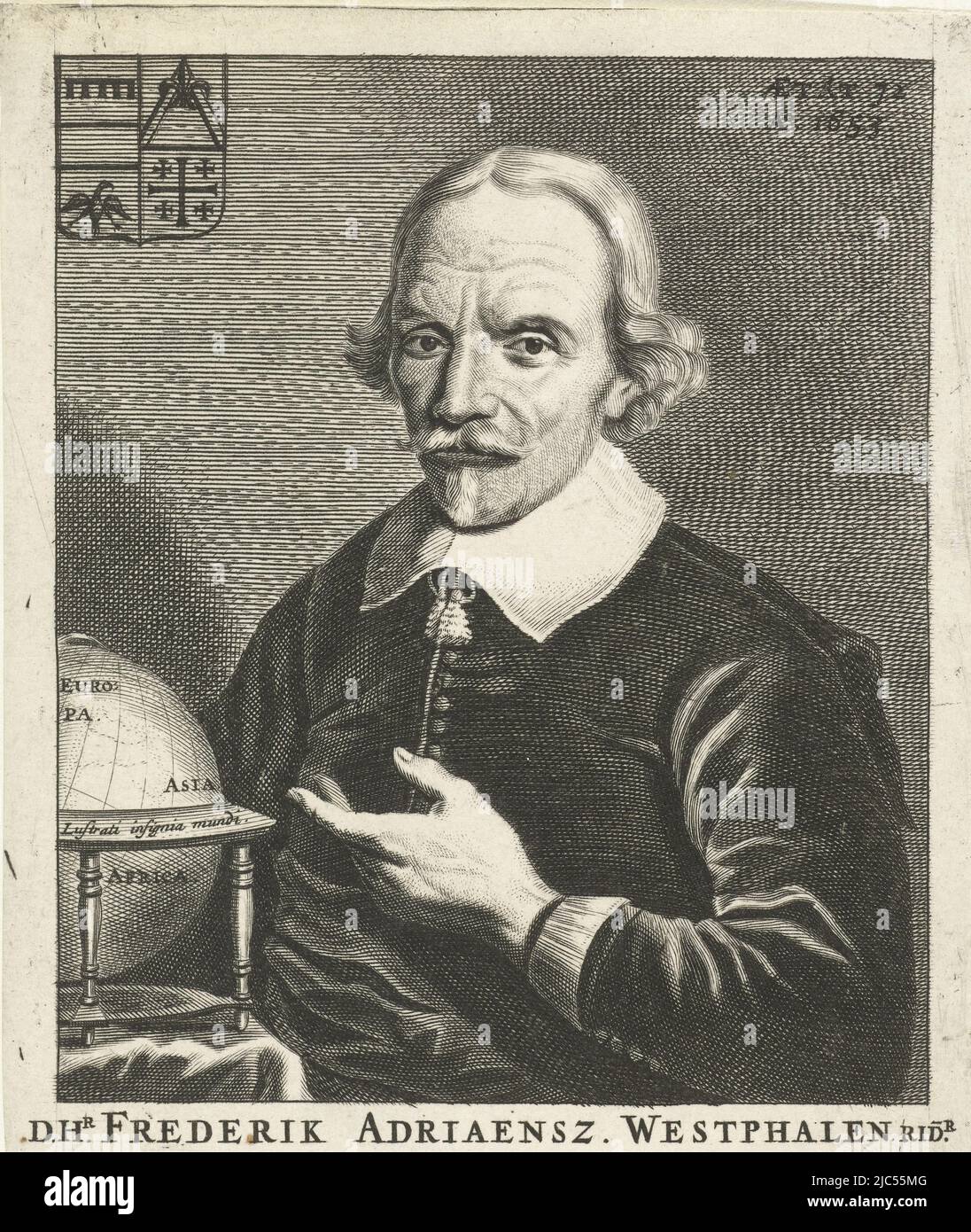 Portrait of Frederik Adriaensz. Westphalen at age 72, next to him a globe. In the upper left corner his coat of arms. Below the portrait a four-line verse in Dutch drawn by G. Brandt: Sursum Corda, Portrait of Frederik Adriaensz. Westphalen at the age of 72, print maker: Hendrik Bary, (mentioned on object), Geeraert Brandt (I), (mentioned on object), Netherlands, 1657 - 1707, paper, engraving, h 161 mm × w 114 mm Stock Photo