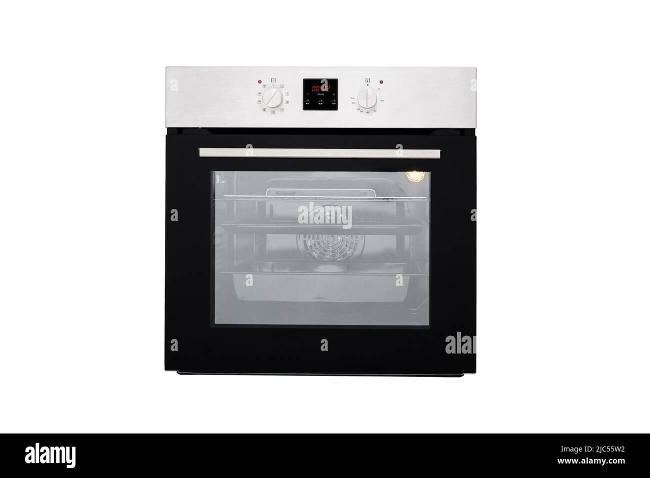 Electric oven black, with aluminum panel and electronic display. Front