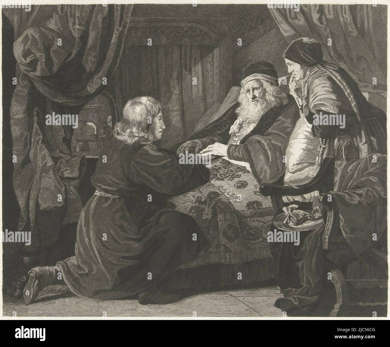 Isaac lies in bed and blesses Jacob. Jacob kneels before the bed and