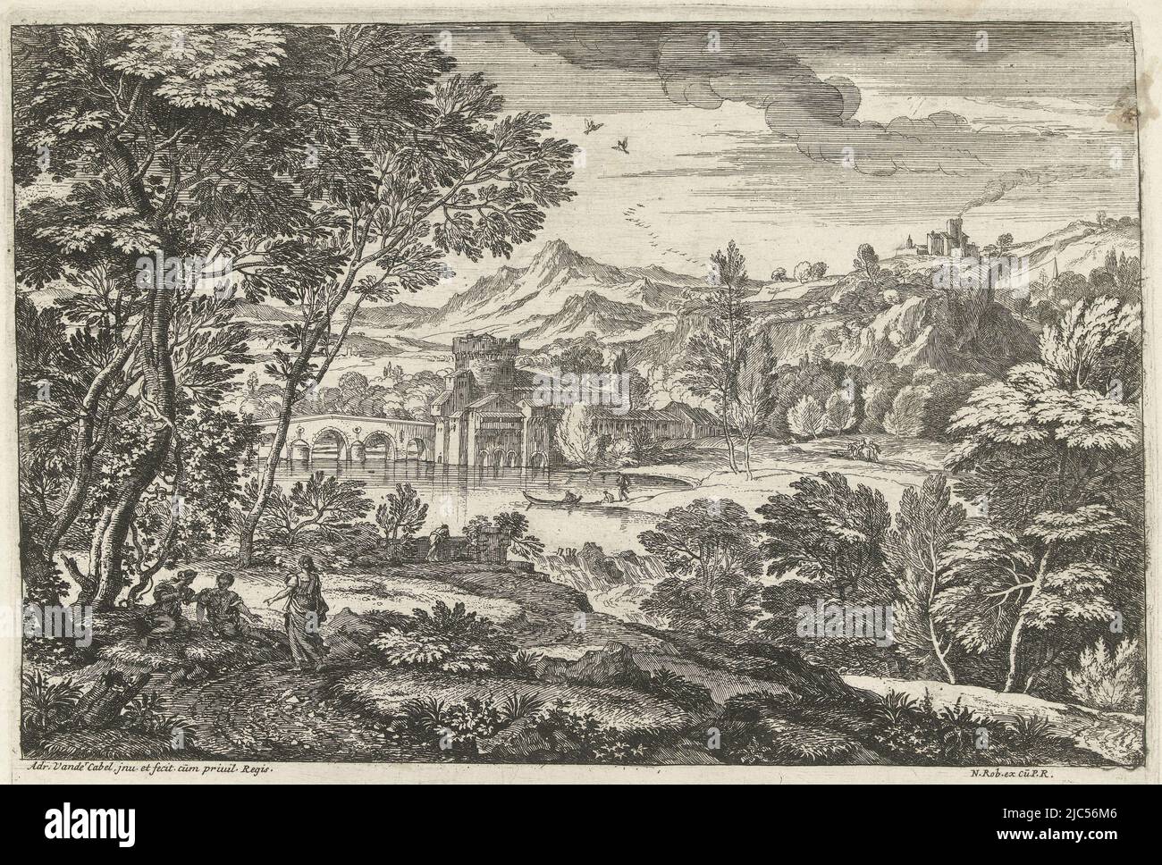 Landscape with three people under a tree; Man with two women in the shade  among trees; Landscapes, Six Six. Landscape with standing woman on path, at  sitting man and woman under a tree. In the background a village with bridge  over a river. Second ...