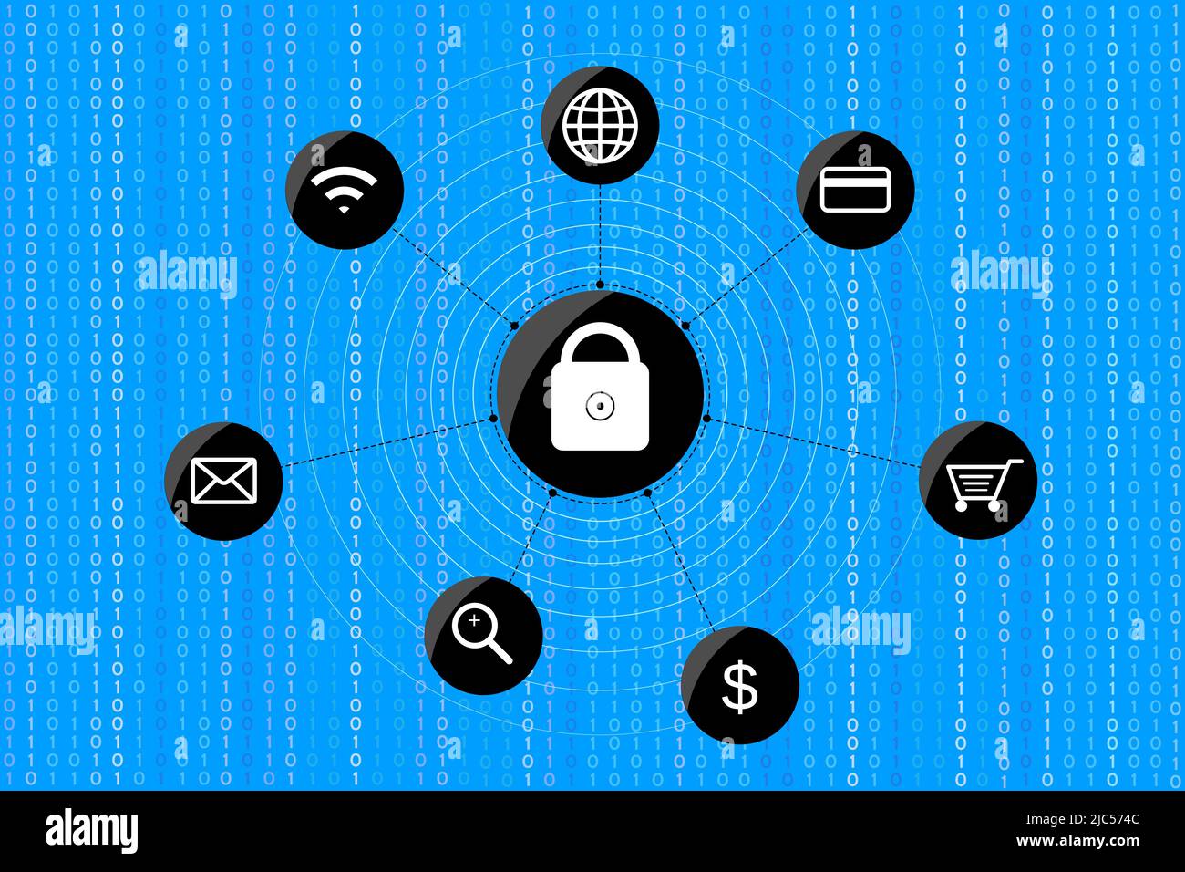 Cybersecurity data protection concept. Icons related to online data network protection on binary code background Stock Vector