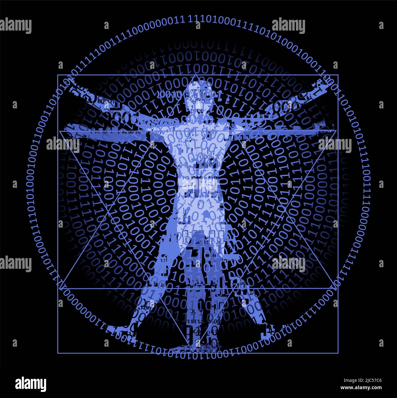 Vitruvian man with binary code, modern variation on the famous symbol. Stylized drawing of vitruvian man with spiral of binary codes. Stock Photo