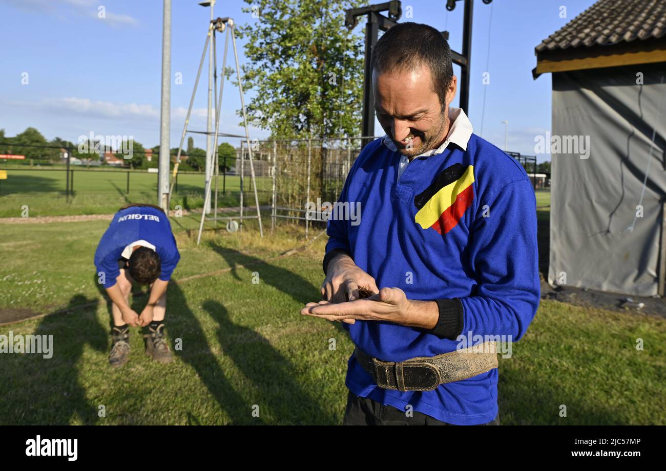 Wim De Schutter prepares before a training session of the Belgian national thug of war team, on Thursday 09 June 2022 in Retie. The team will compete in the World Games this summer. BELGA PHOTO ERIC LALMAND Stock Photo