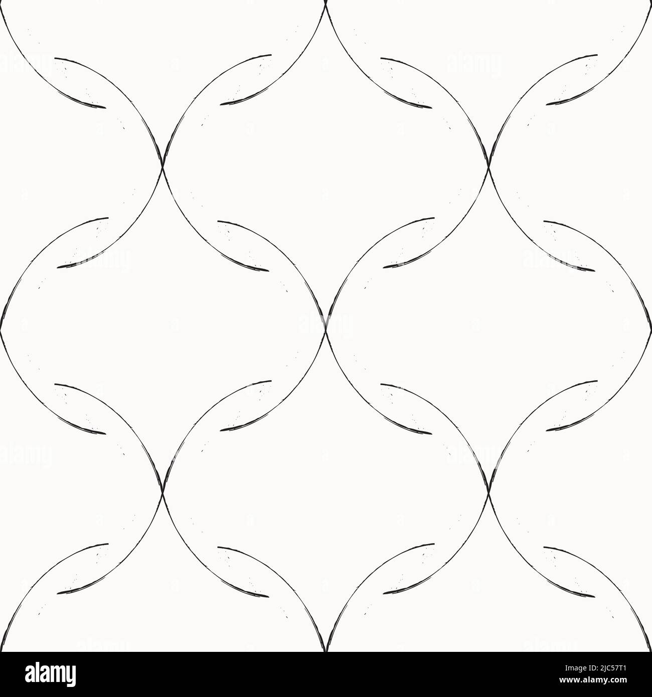 Grunge Roman Ogee abstract vector seamless pattern background with retro net texture. Neutral black white geometric backdrop. Fine brush stroke Stock Vector