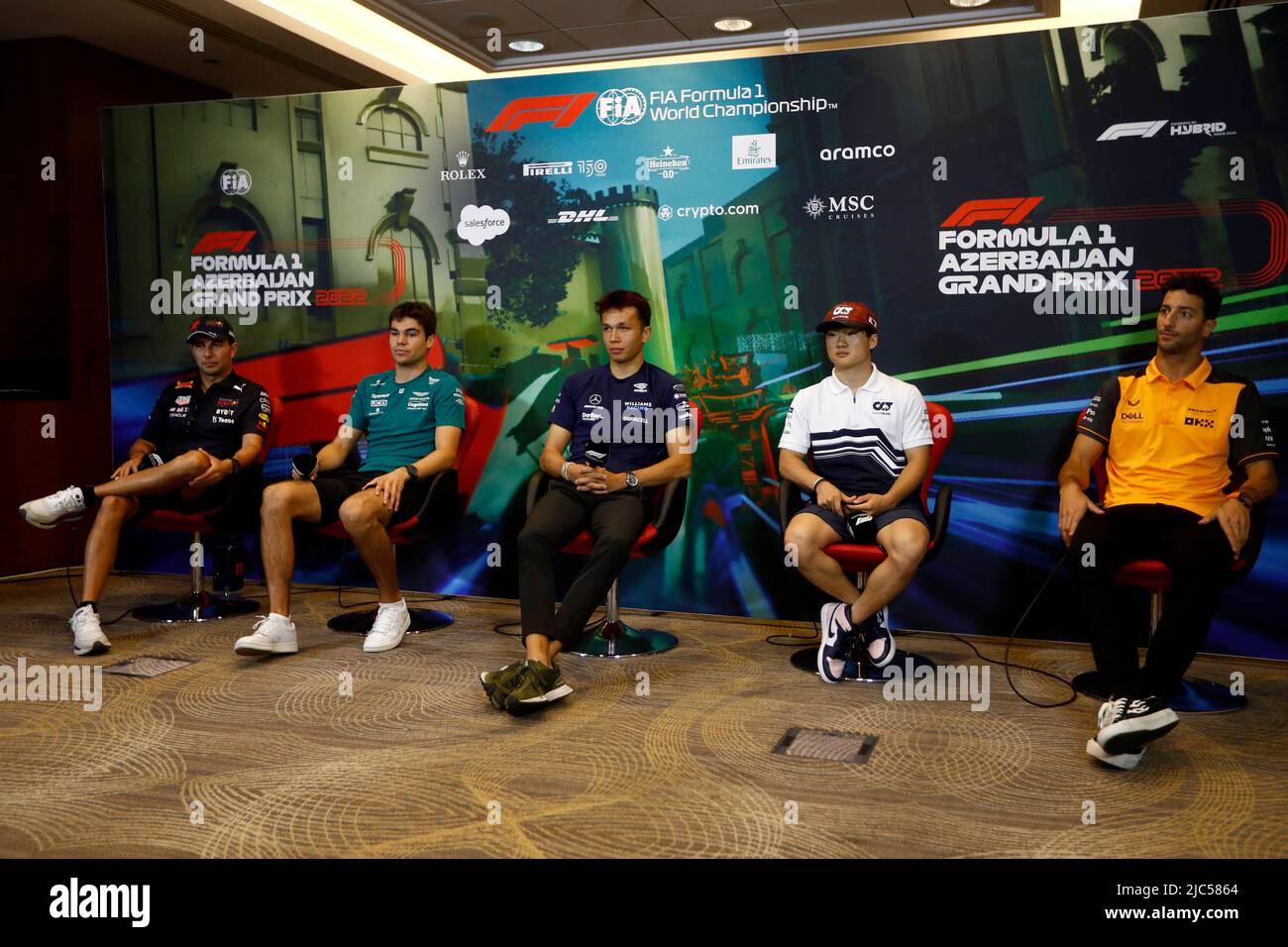 Baku, Azerbaijan. 10th June, 2022. #11 Sergio Perez (MEX, Oracle Red Bull  Racing), #18 Lance Stroll (CAN, Aston Martin Aramco Cognizant F1 Team), #23  Alexander Albon (THA, Williams Racing), #22 Yuki Tsunoda (
