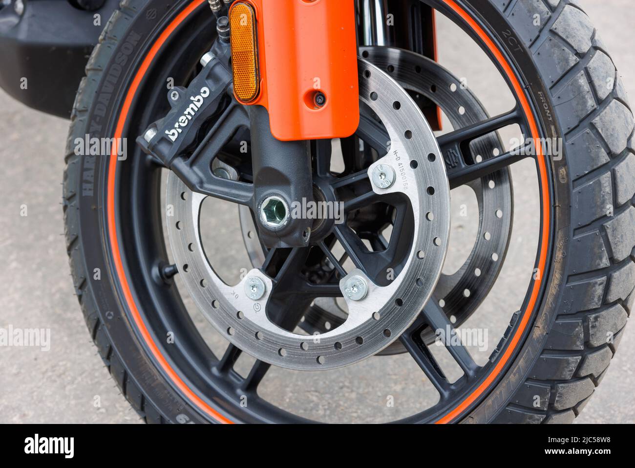 front wheel of HarleyDavidson Pan America 1250 Motorcycle with brembo