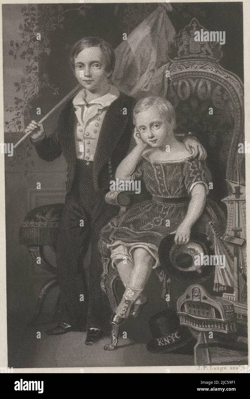 Double portrait of the children William of Orange, crown prince of the Netherlands, and Prince Maurice of Orange-Nassau. Prince William of Orange is standing with the Dutch flag in his hands and has an arm around Prince Maurice's shoulders. The latter is seated with hat in hand on a chair crowned with an escutcheon, Double portrait of William of Orange, crown prince of the Netherlands, and Prince Maurice of Orange-Nassau, print maker: Johannes Philippus Lange, (mentioned on object), Nicolaas Pieneman, 1847 - 1849, paper, steel engraving, h 172 mm × w 110 mm Stock Photo