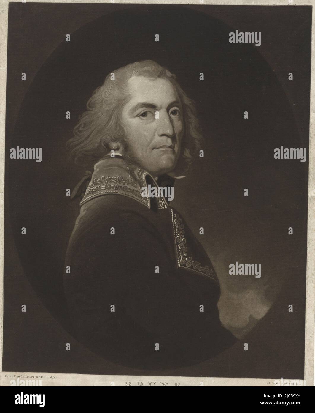 The French Marshal Guillaume-Marie-Anne Brune, commander of the French army in the Netherlands, Portrait of Guillaume-Marie-Anne Brune, print maker: Charles Howard Hodges, (mentioned on object), publisher: Charles Howard Hodges, (mentioned on object), publisher: Evert Maaskamp, (mentioned on object), print maker: Amsterdam, publisher: Amsterdam, publisher: Amsterdam, publisher: Paris, 1788 - 1817, paper, engraving, h 470 mm × w 342 mm Stock Photo