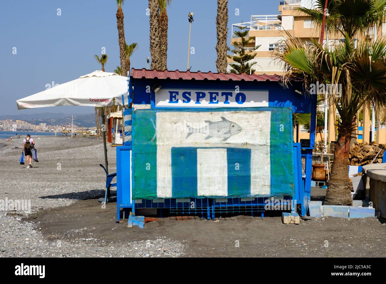 Sardine shack on the beach at Algarrobo Costa in the  Axarquia region of Malaga, Andalucía, Costa del Sol, Spain Stock Photo