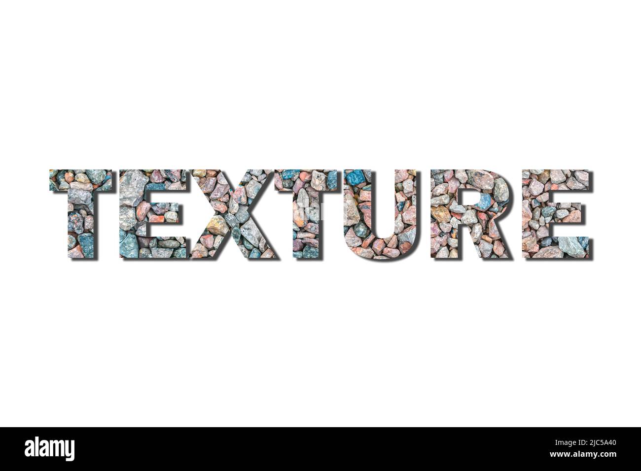 The word Texture on a white background filled with small stones Stock