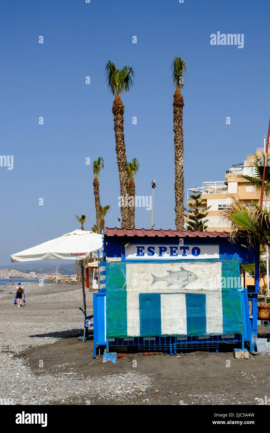 Sardine shack on the beach at Algarrobo Costa in the  Axarquia region of Malaga, Andalucía, Costa del Sol, Spain Stock Photo