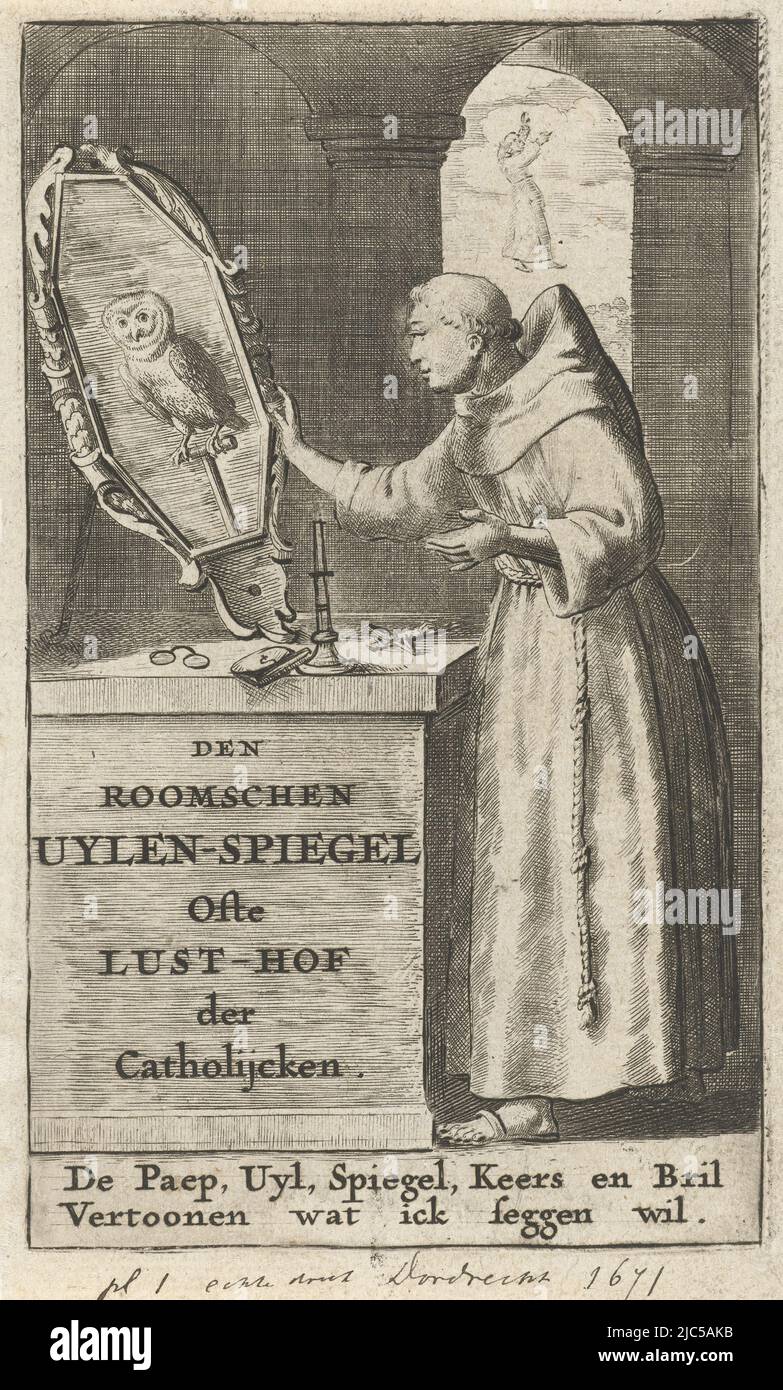 Second title page for the book by Jacob Lydius, The Roman Uilenspiegel. On a pedestal are glasses, a crucifix, and a candlestick and a large mirror in which an owl is visible. A monk looks into the mirror. Through a vista to the back, a monk is visible floating in the air. Beneath the image the text: De Paep, Uyl, Spiegel, Keers en Bril Vertoonen wat ick seggen wil., Second title page for De Roomse Uilenspiegel Den Roomschen Uylen-Spiegel Ofte Lust-hof der Catholijcken. , print maker: Samuel van Hoogstraten, Samuel van Hoogstraten, publisher: Simon onder de Linde, print maker: Netherlands Stock Photo