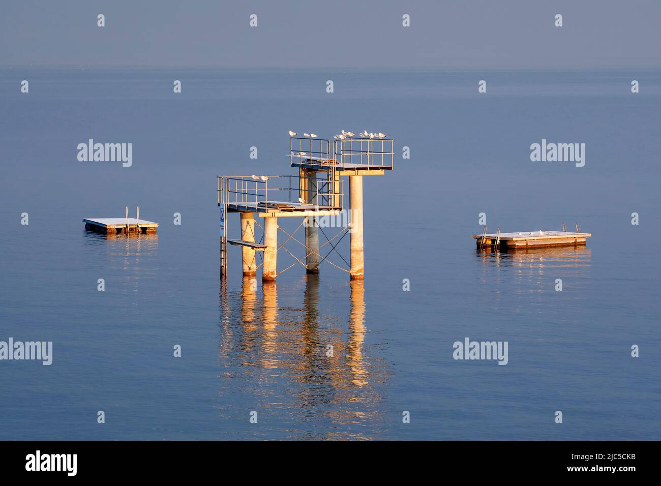Morgenstimmung über dem Bodensee mit Blick zum Sprungturm und den Flossen der Freibadanlage Horn inmitten des Sees, Kanton Thurgau, Schweiz *** Local Stock Photo