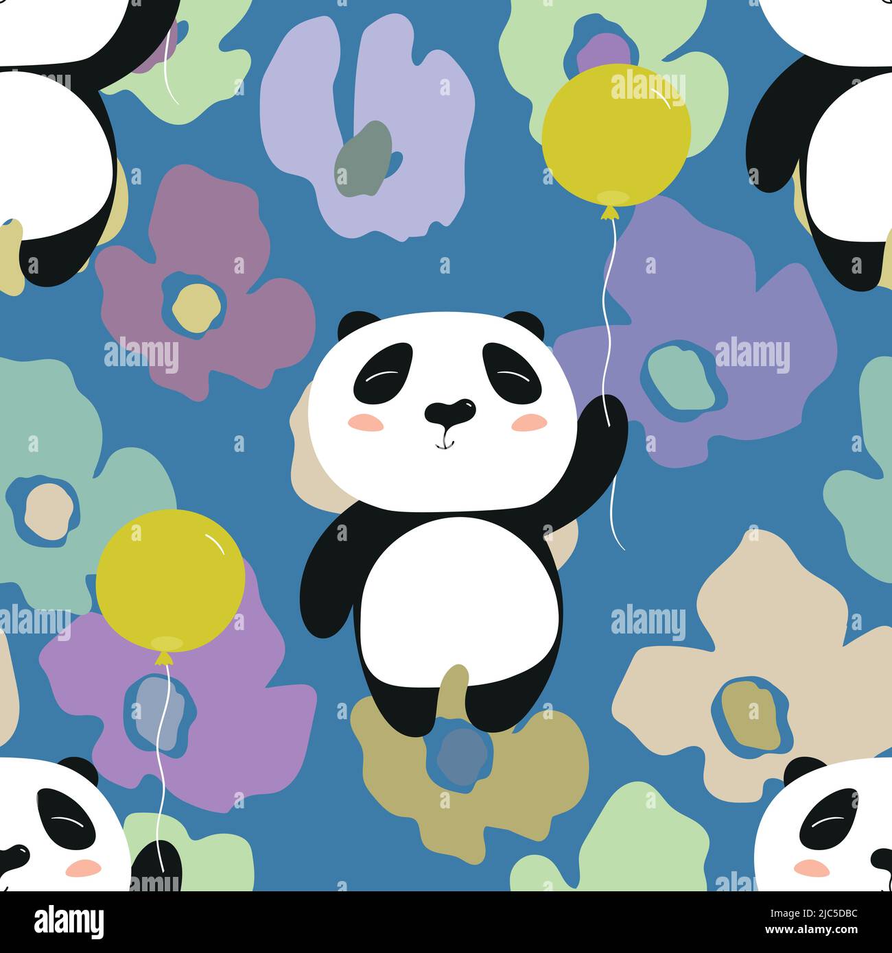 Seamless pattern with cute panda baby on color floral background. Funny  asian animals. Card, postcards for kids. Flat vector illustration for  fabric Stock Vector Image & Art - Alamy