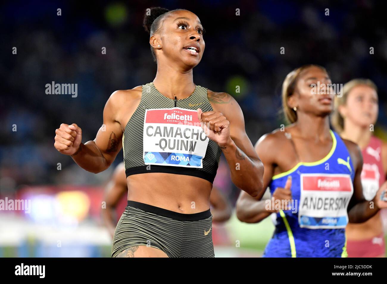 Jasmine CamachoQuinn of Puerto Rico reacts after compete in the 100m