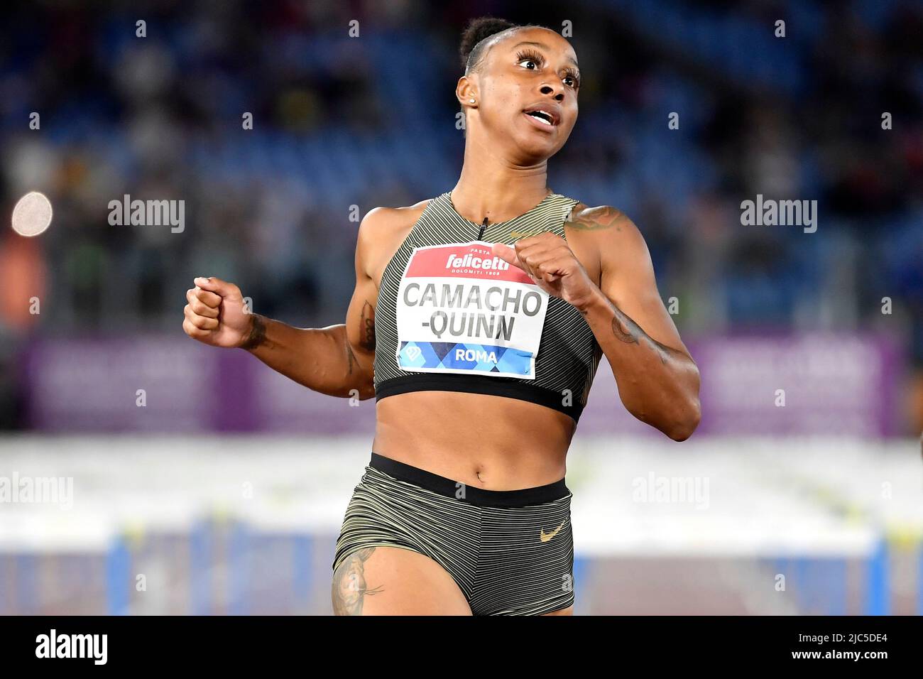 Jasmine CamachoQuinn of Puerto Rico reacts after compete in the 100m