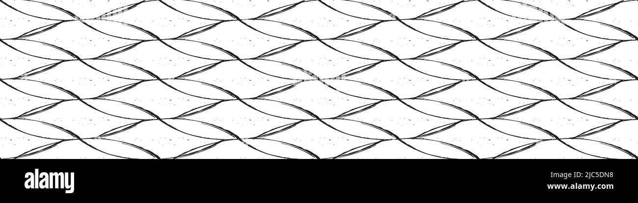 Abstract grunge lattice weave seamless border. Fine calligraphy brush interlocking woven banner. Monochrome inky design. Overlapping loops and lines Stock Vector
