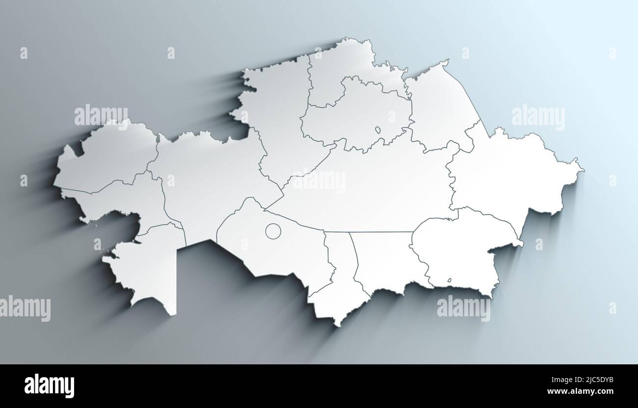 Country Political Geographical Map of Kazakhstan with Regions with Shadows Stock Photo