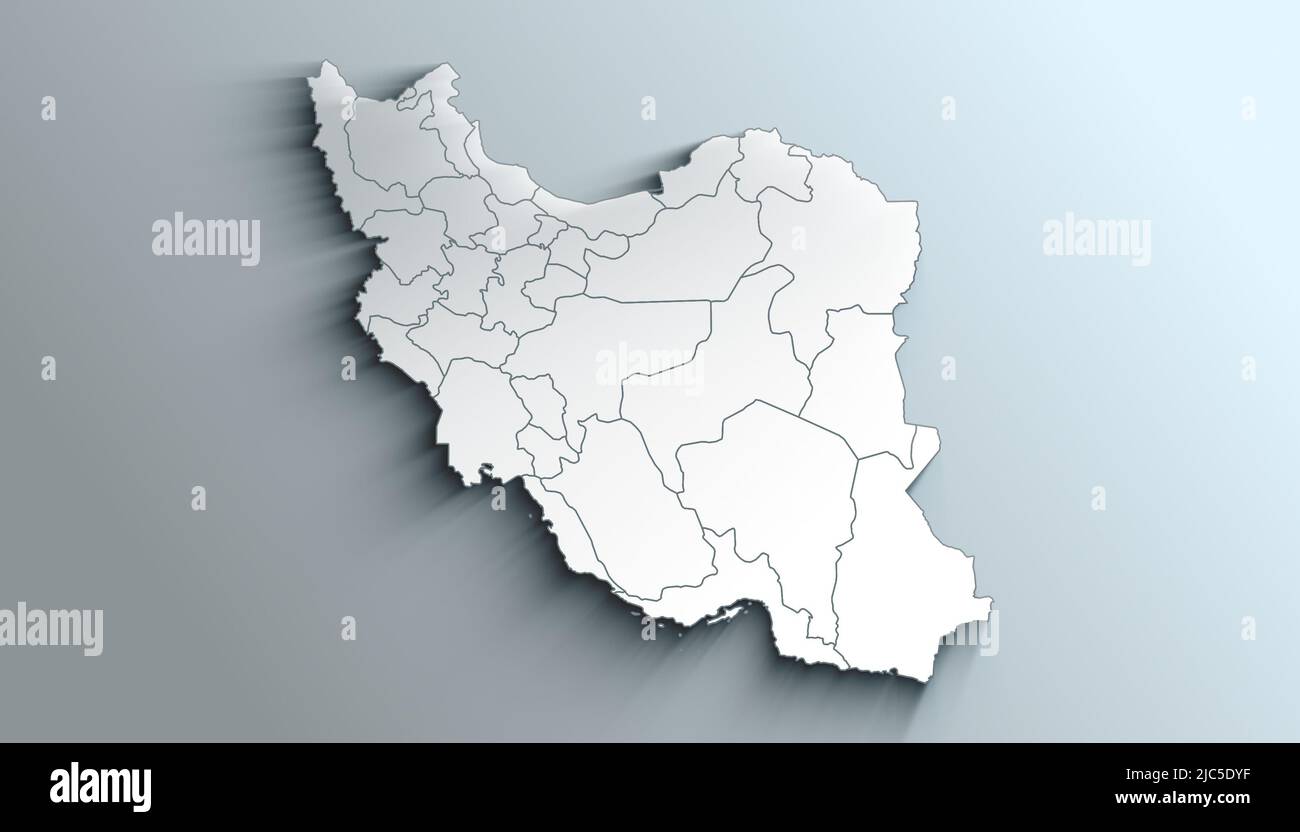 Country Political Geographical Map of Iran with Provinces with Shadows Stock Photo