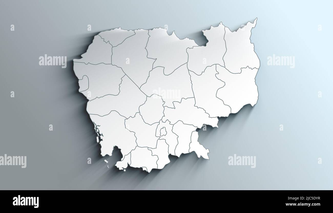 Country Political Geographical Map of Cambodia with Provinces with Shadows Stock Photo