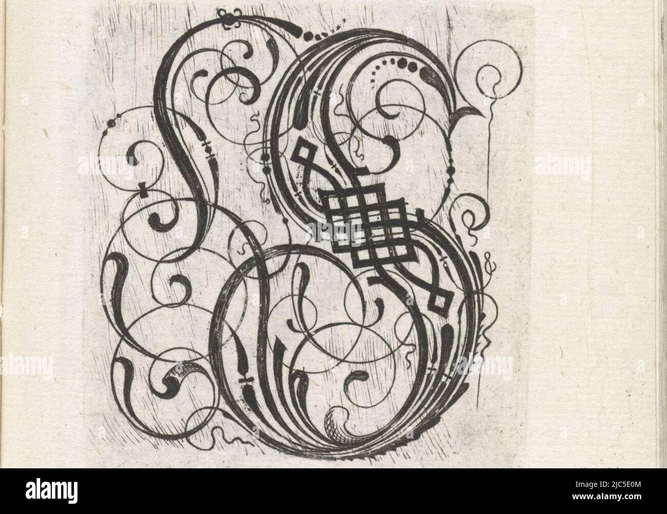 From series of 24 gothic letters with braiding: A-I, K-T and V-Z., Letter S Alphabet (series title), print maker: anonymous, anonymous, publisher: anonymous, Netherlands, (possibly), c. 1600 - c. 1699, paper, engraving, h 57 mm × w 56 mm Stock Photo