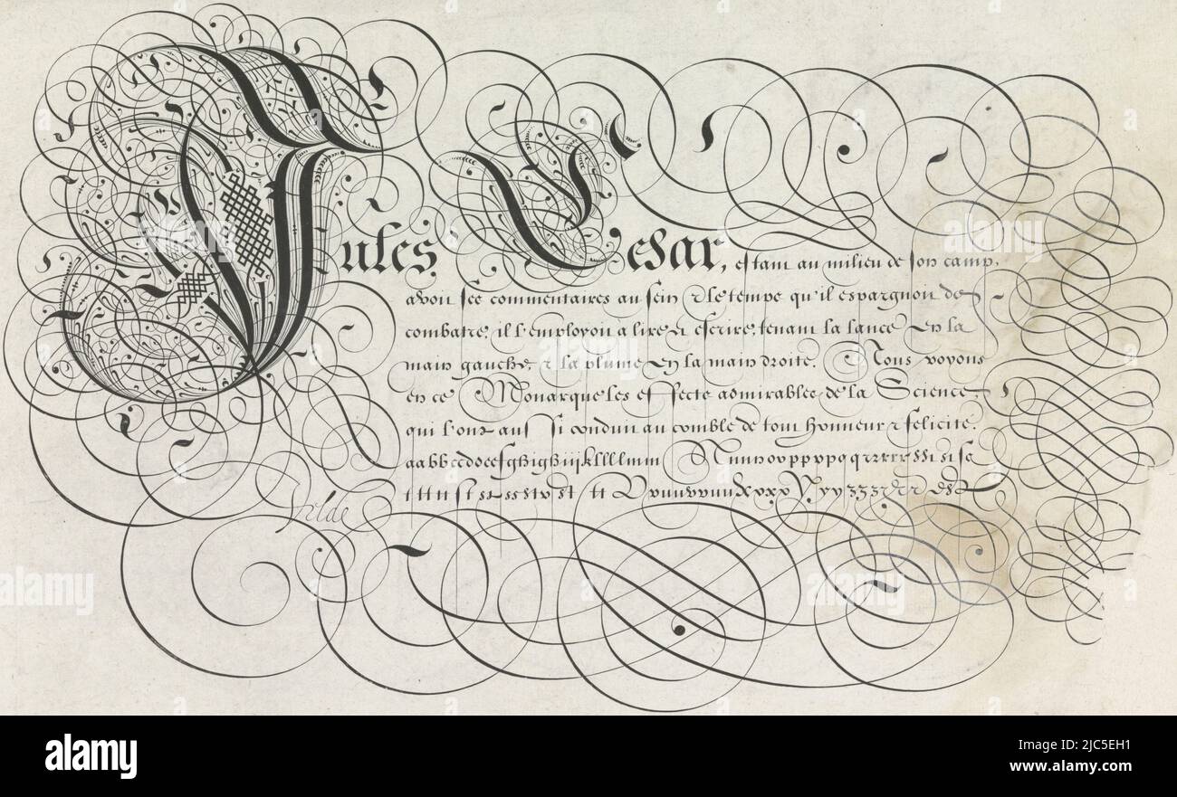 Writing sample with ornamented initial J and eight lines of text: Jules ...