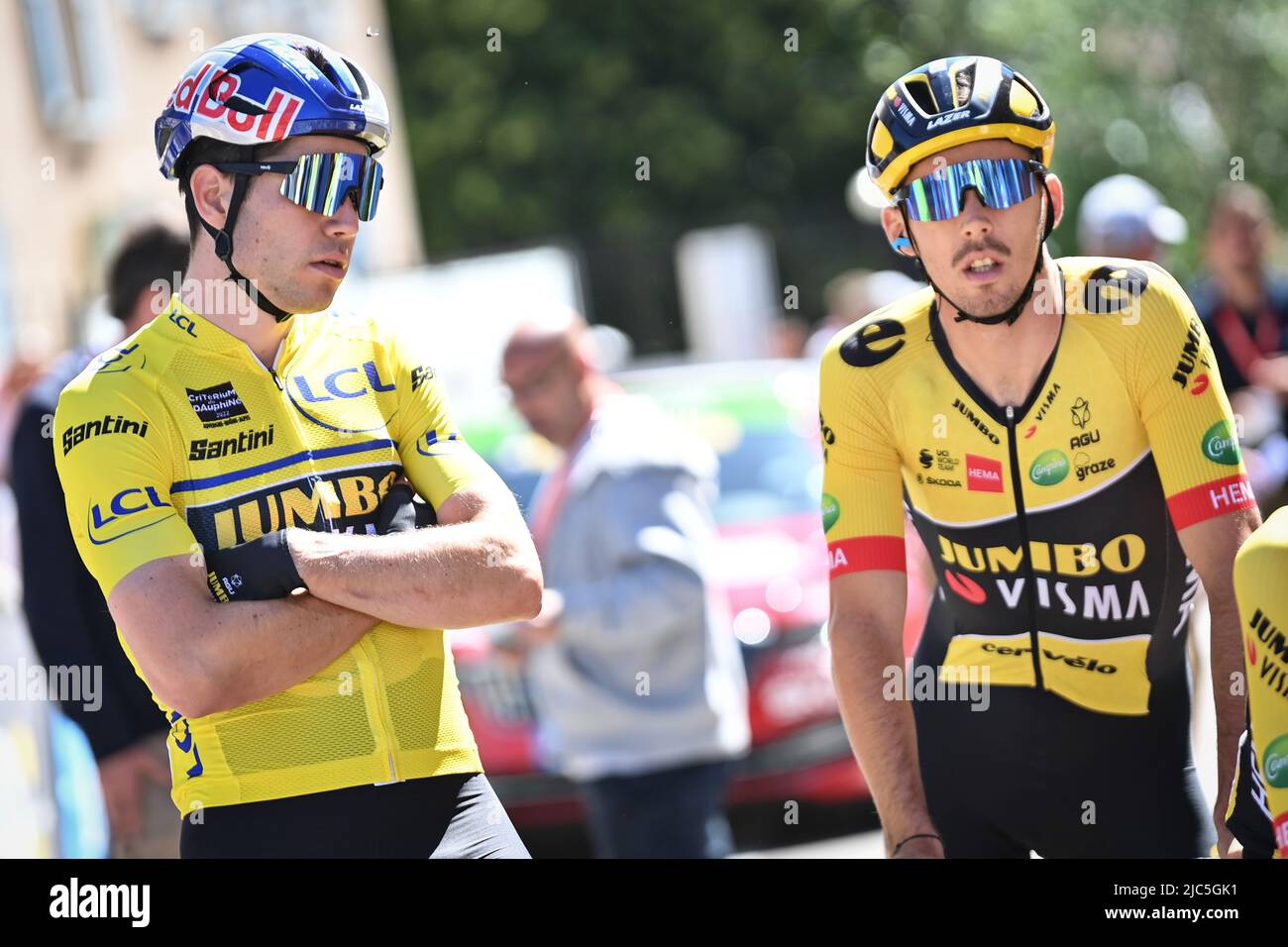 Belgian Wout Van Aert of Team Jumbo-Visma wearing the yellow jersey and  French Christophe Laporte of Jumbo-Visma pictured at the start of stage 6  of the Criterium du Dauphine cycling race, from