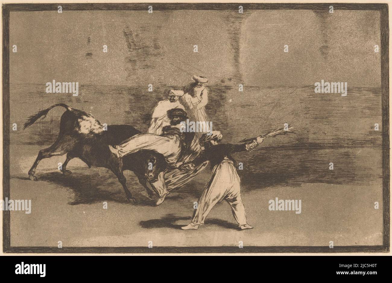 A bullfighter (torero) in Moorish dress is taken on the horns by a bull in an arena. Another bullfighter holds the bull by the horn and has a banderilla in his other hand. In the background two figures. Numbered upper right: 8., Bull is seized by bullfighters Cogida de un Moro estando en la plaza Bullfighting (series title) La Taureaumachie (series title) La Tauromaquia (series title), print maker: Francisco de Goya, publisher: Eugène Loizelet, print maker: Spain, publisher: Paris, 1876, paper, etching, h 245 mm × w 352 mm Stock Photo